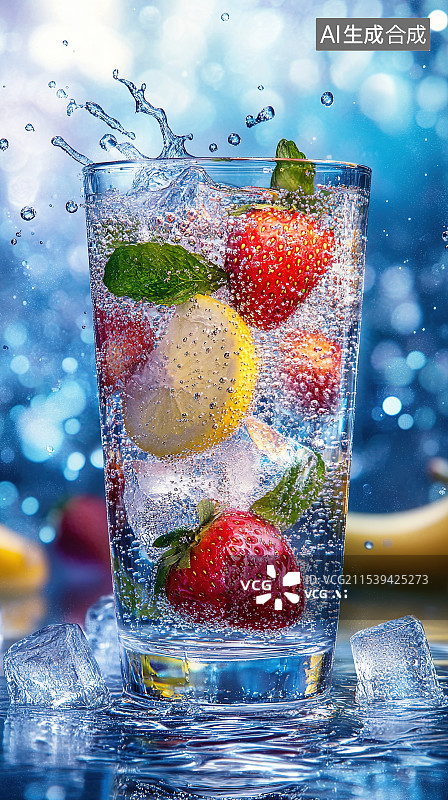 【AI数字艺术】夏天一杯草莓水果冰块的冷饮汽水玻璃杯图片素材