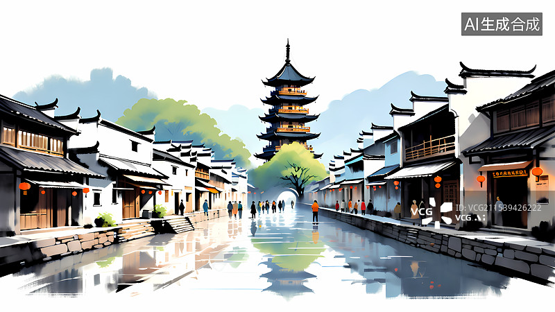 【AI数字艺术】中式古城街道建筑插画图片素材