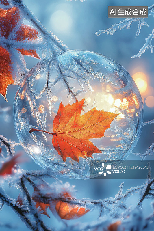 【AI数字艺术】带有发光冰晶和叶子的超现实冰冻秋天图片素材