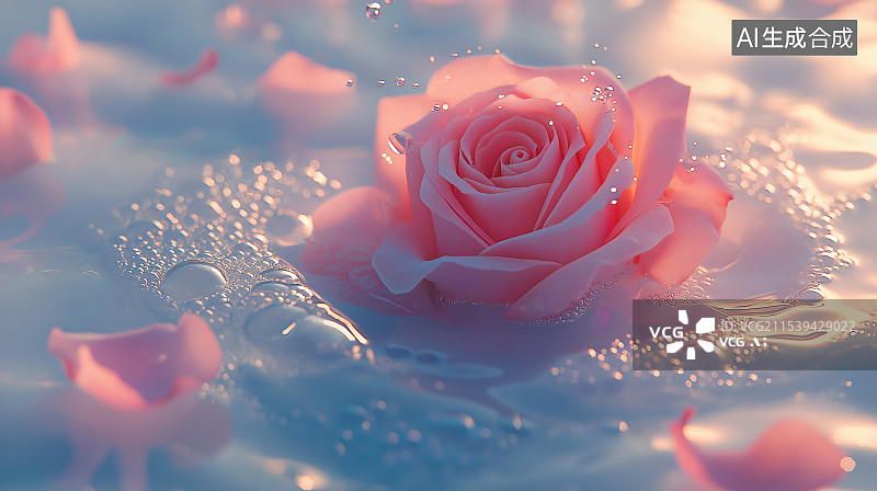 【AI数字艺术】水面上漂浮着一朵玫瑰，静谧优雅，水影与鲜花相映成趣，营造出浪漫梦幻、充满诗意的唯美背景。图片素材