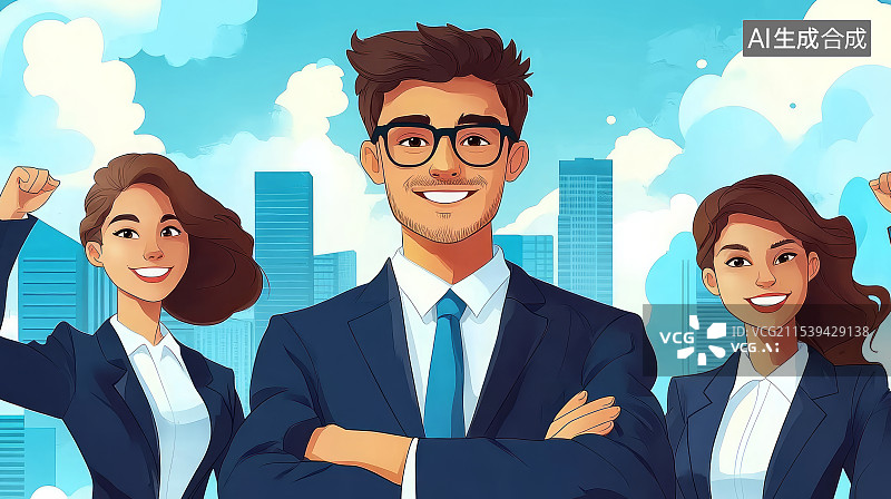 【AI数字艺术】商业团队携手合作共赢庆祝成功胜利场景插画图片素材