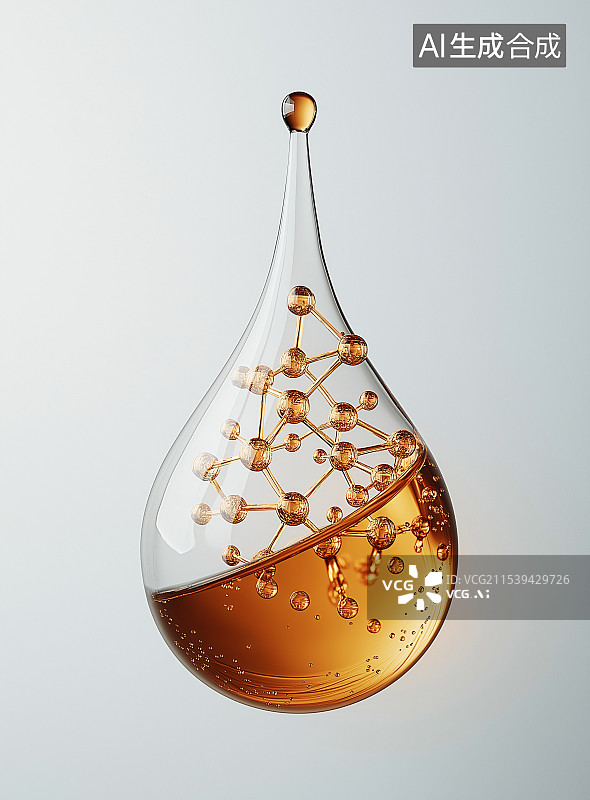 【AI数字艺术】水滴状原子分子背景，融合科技与美容，微观精致，展现护肤元素奥秘，创新呈现功效背后的结构之美。图片素材