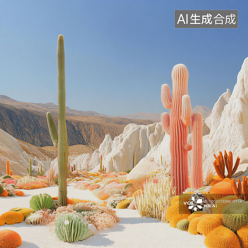 【AI数字艺术】沙漠沙丘仙人掌仙人球、彩色的自然场景、C4D图片素材
