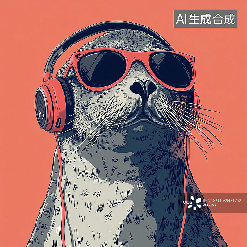 【AI数字艺术】复古配色戴耳机墨镜的小海豹音乐海报背景图片素材