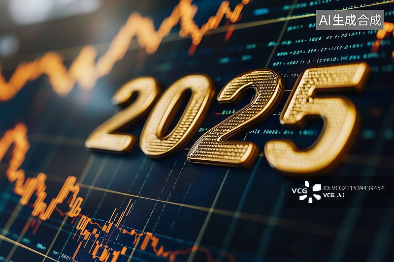 【AI数字艺术】股市图表背景上的3D金色数字2025年图片素材