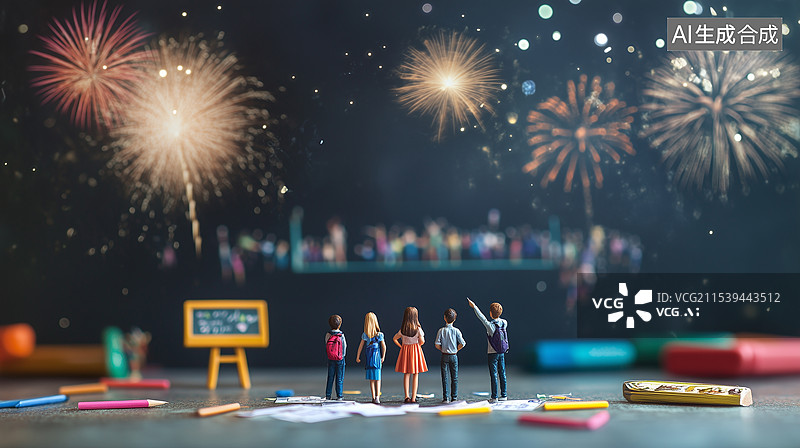 【AI数字艺术】学生站在笔记上的微距场景缩影图片素材