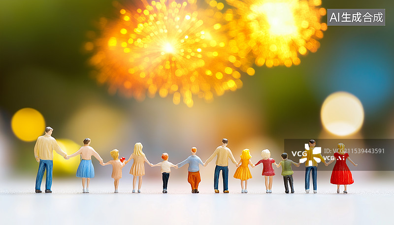 【AI数字艺术】人群手拉手在看夜空烟花的微距场景图片素材