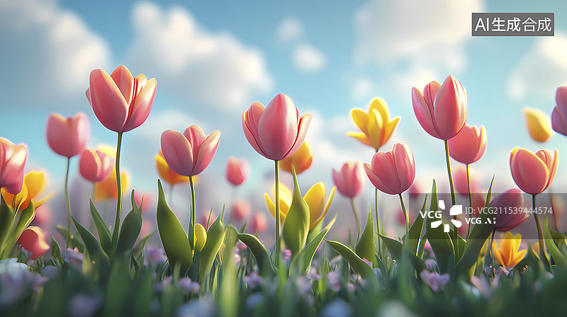 【AI数字艺术】数码科技彩色郁金香花朵插画海报背景图片素材