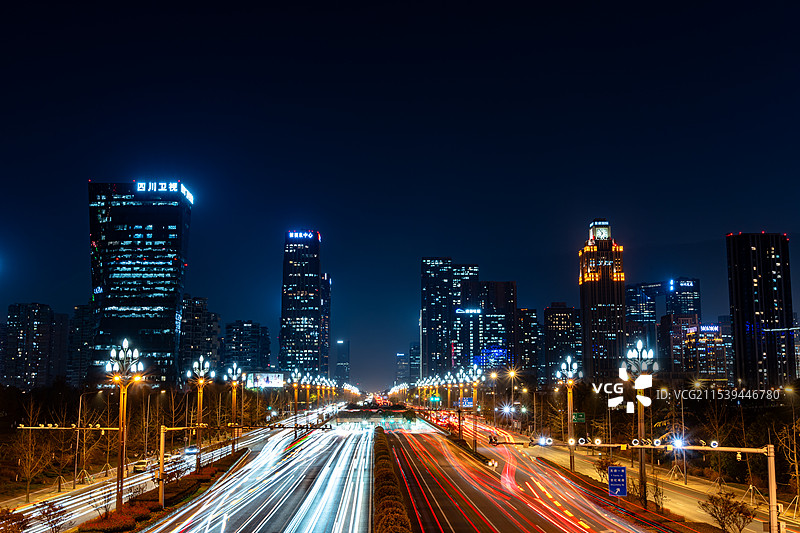 成都天府大道高新区CBD城市建筑夜景风光图片素材