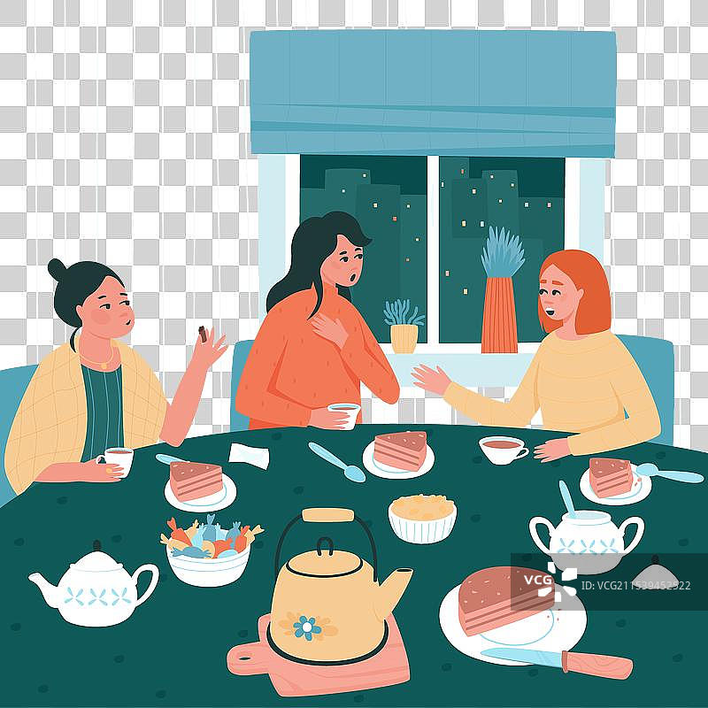 朋友们在家中桌子旁的晚间茶会图片素材