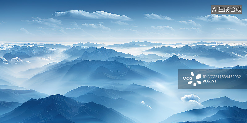 【AI数字艺术】极简风格云雾下的群山风景画图片素材
