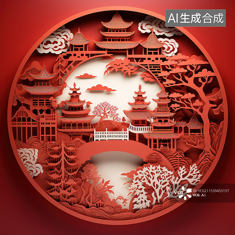 【AI数字艺术】剪纸风格红色背景下的中式传统建筑图片素材