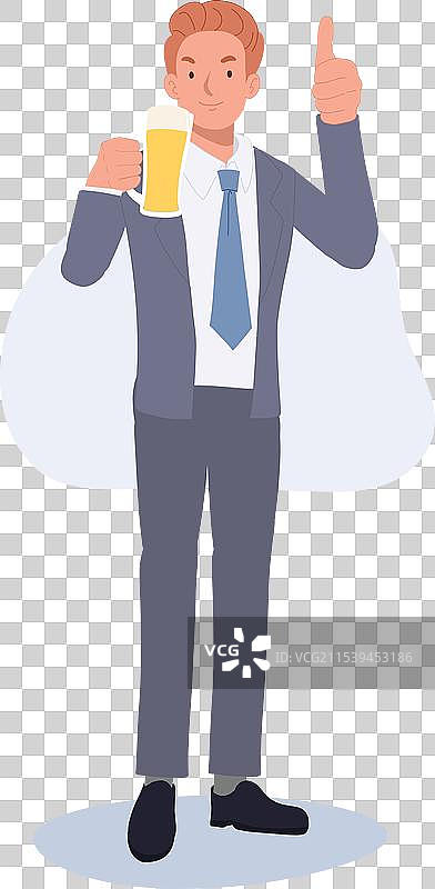 快乐的商人举杯啤酒并竖起大拇指图片素材