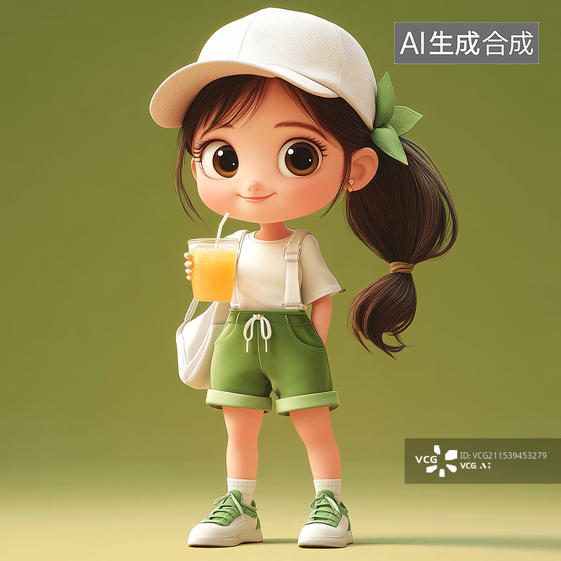 【AI数字艺术】纯色背景，一个可爱的小女孩喝果汁饮料奶茶图片素材
