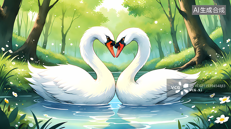 【AI数字艺术】春天森林湖泊里的两只天鹅插画图片素材