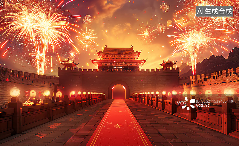 【AI数字艺术】国潮新年春节古建天际线背景图片素材