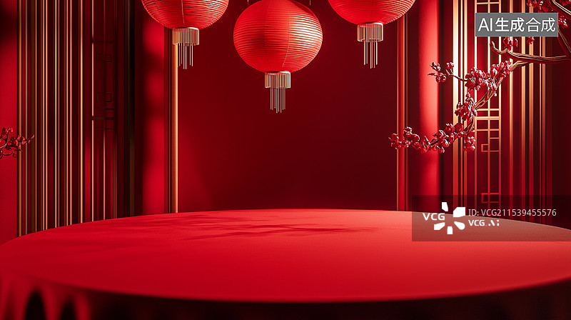 【AI数字艺术】喜庆红色背景——传统国风灯笼产品展台图片素材