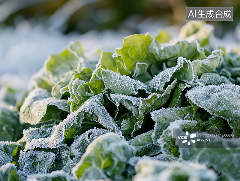【AI数字艺术】冰霜覆盖的绿叶图片素材