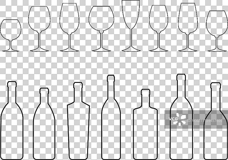 酒瓶和酒杯的线条图标集合图片素材