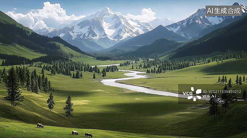 【AI数字艺术】雪山下的草原牧场与河流图片素材