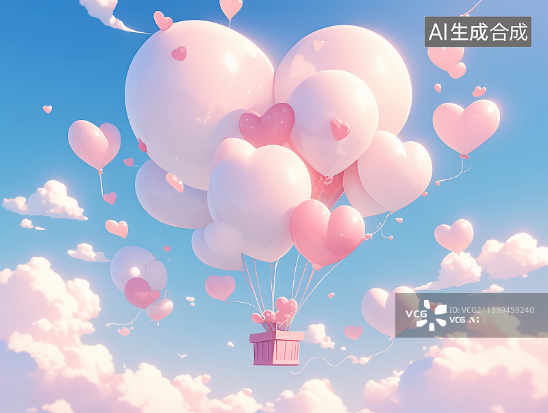 【AI数字艺术】蓝色天空下的心形气球图片素材