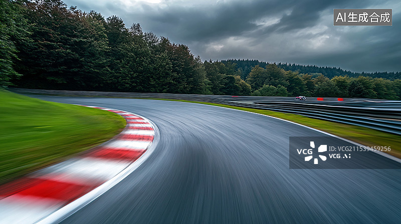 【AI数字艺术】汽车广告背景图-绿地树林间的国际赛道图片素材