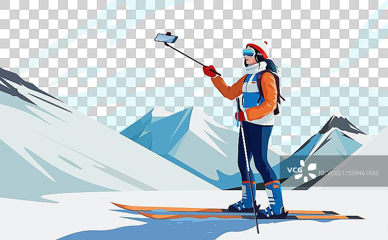 穿着温暖橙色运动服的滑雪者在休息图片素材