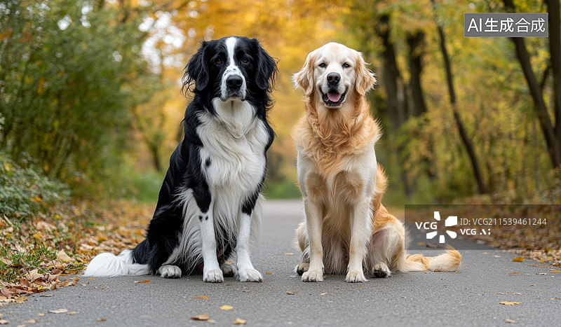 【AI数字艺术】两只可爱的狗狗，一只黑白相间的边境牧羊犬和一只金毛寻回犬，它们并排坐在一条铺满落叶的小路上。图片素材