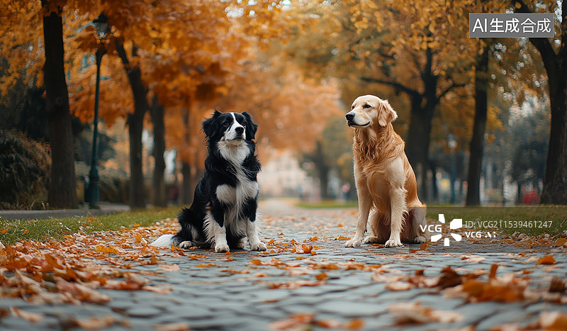 【AI数字艺术】两只可爱的狗狗，一只黑白相间的边境牧羊犬和一只金毛寻回犬，它们并排坐在一条铺满落叶的小路上。图片素材
