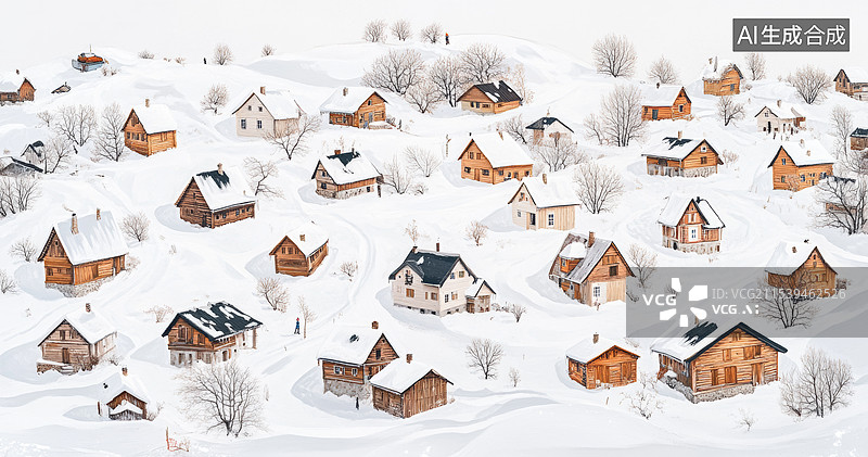 【AI数字艺术】一个宁静的冬日村庄景象。画面中，厚厚的积雪覆盖了整个村庄和周围的山林，房屋和树木都被白雪包裹，图片素材