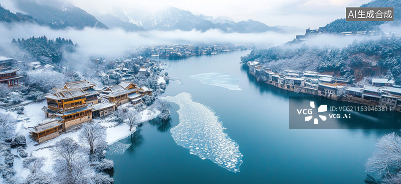 【AI数字艺术】一个被冬雪覆盖的美丽小镇，位于一条蜿蜒的河流旁边。河面上有部分结冰，形成了一片白色的冰面，与周围的雪图片素材