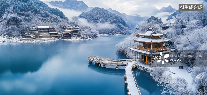 【AI数字艺术】一个被冬雪覆盖的美丽小镇，位于一条蜿蜒的河流旁边。河面上有部分结冰，形成了一片白色的冰面，与周围的雪图片素材