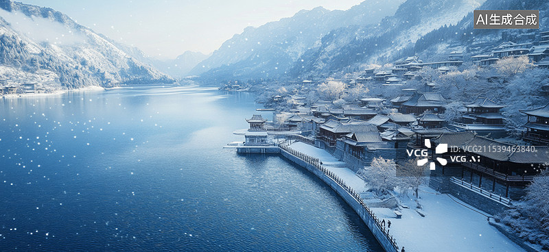 【AI数字艺术】一个被冬雪覆盖的美丽小镇，位于一条蜿蜒的河流旁边。河面上有部分结冰，形成了一片白色的冰面，与周围的雪图片素材