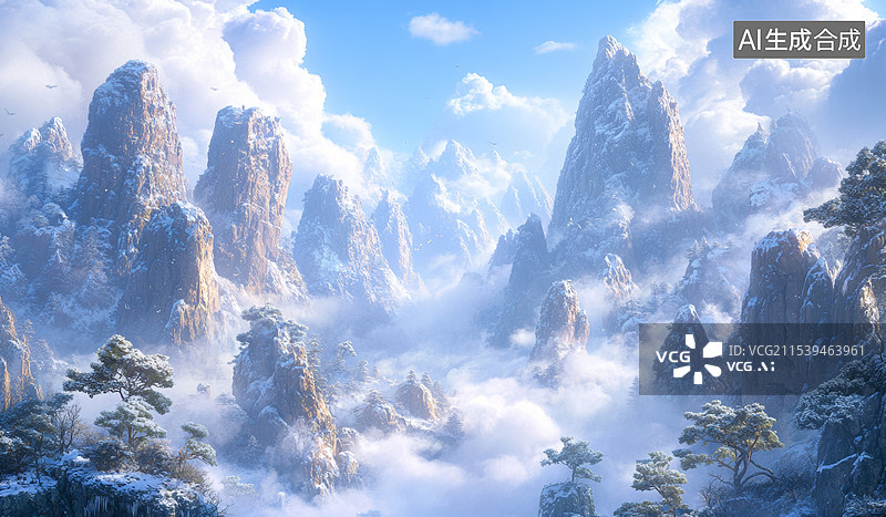 【AI数字艺术】一幅壮丽的山景，高耸入云的山峰被薄雾笼罩，显得神秘而美丽。树木和岩石上覆盖着一层薄雪，增添了冬季的宁图片素材