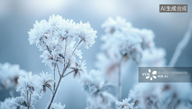 【AI数字艺术】一幅美丽的冬日景象，画面中几棵树木被厚厚的霜雪覆盖，树枝上挂满了晶莹的冰霜。图片素材