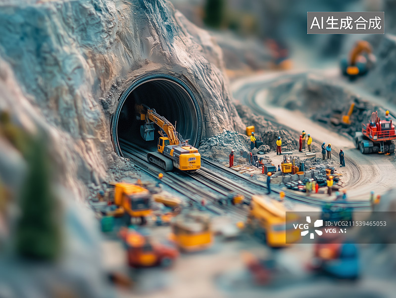【AI数字艺术】山区隧道挖掘建设场景插画图片素材