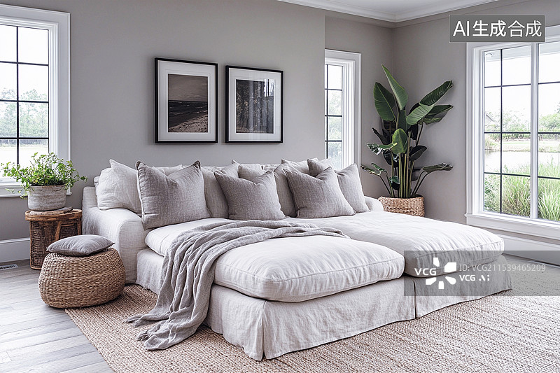 【AI数字艺术】明亮温馨的北欧极简卧室场景图片素材