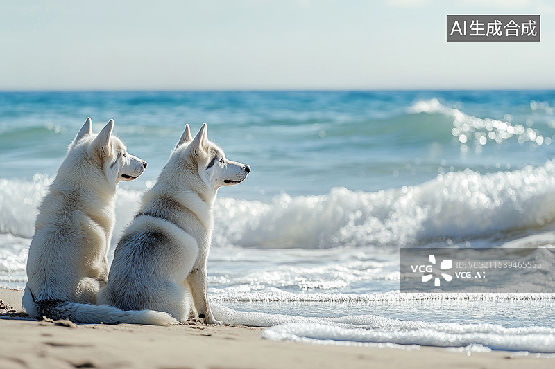 【AI数字艺术】了两只哈士奇犬坐在沙滩上，背景是波涛汹涌的海浪和蓝天白云。两只狗显得非常放松和享受，它们的毛发在阳光图片素材