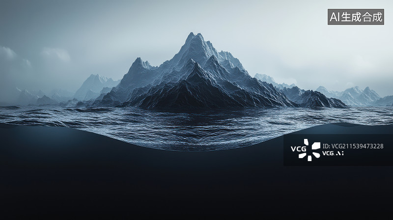 【AI数字艺术】冷色调海水雪山自然科技插画年会背景图片素材