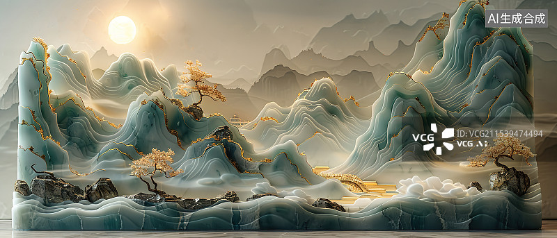 【AI数字艺术】国风玉雕山水图片素材