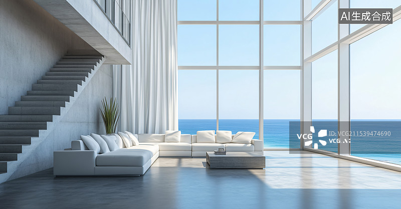【AI数字艺术】一座奢华的现代海景别墅，宽敞的生活区域，配有宏伟的客厅、优雅的沙发、大窗户，提供令人叹为观止的海洋景图片素材