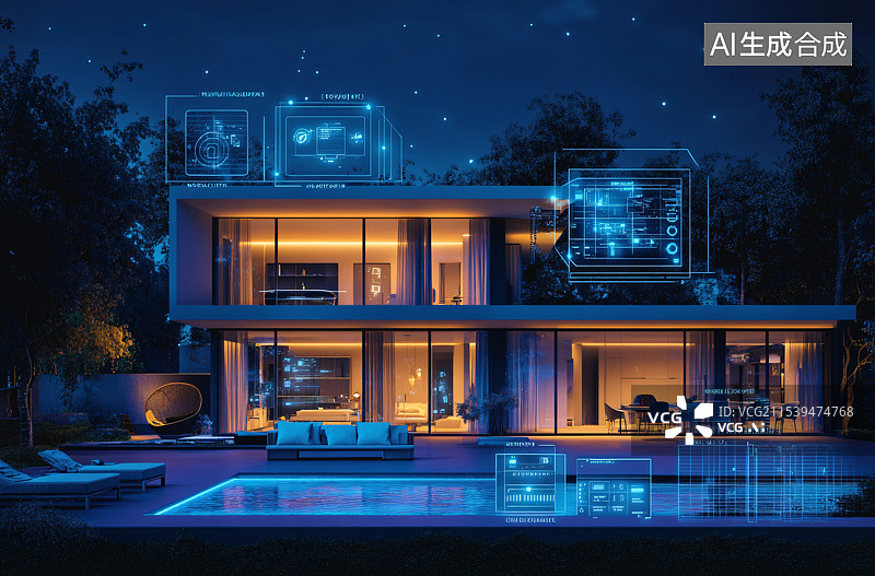 【AI数字艺术】夜晚的未来感别墅，闪烁的全息影像，配备先进的智能家居技术和物联网整合，打造创新且互联的生活体验。图片素材