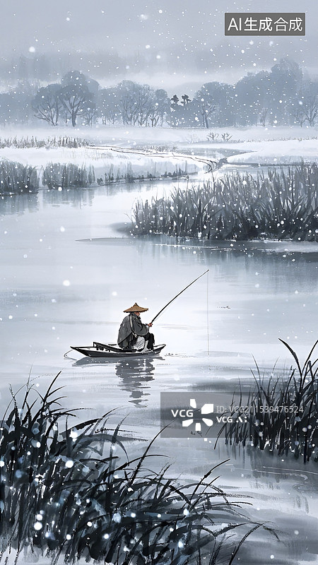 【AI数字艺术】独钓寒江雪水墨插画图片素材