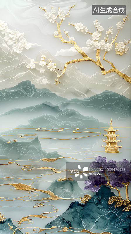 【AI数字艺术】立体玉石雕刻中国风风景图片素材