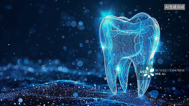 【AI数字艺术】抽象3d蓝色线条形成的牙齿，口腔医疗主题，保护牙龈健康适用于专业牙科服务图片素材