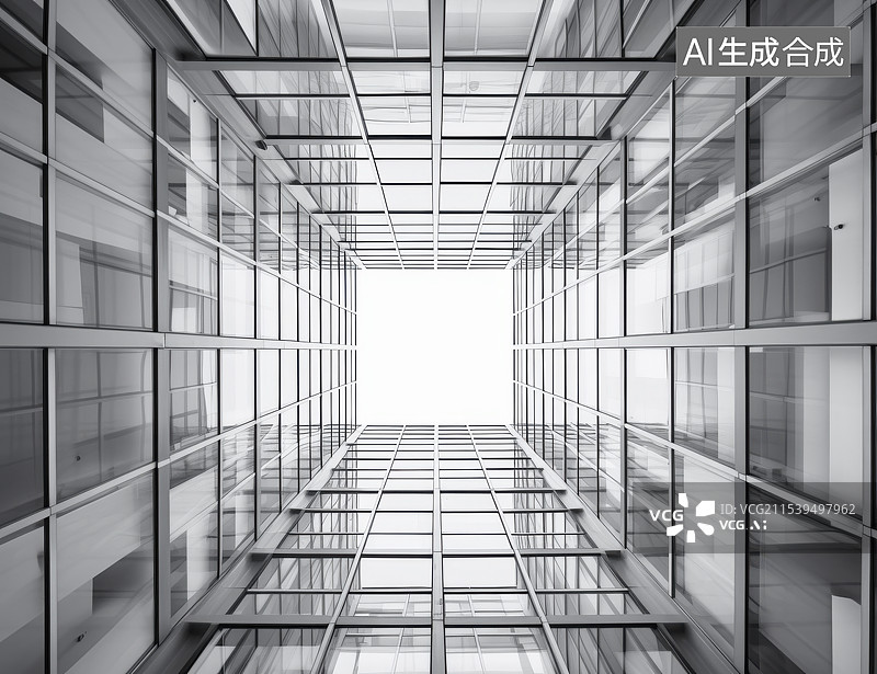 【AI数字艺术】干净明亮的方形钢结构玻璃幕墙，室内旋转楼梯空间建筑结构图片素材