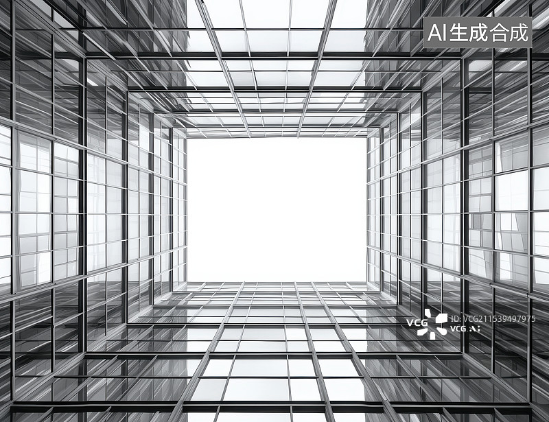 【AI数字艺术】干净明亮的方形钢结构玻璃幕墙，室内旋转楼梯空间建筑结构图片素材