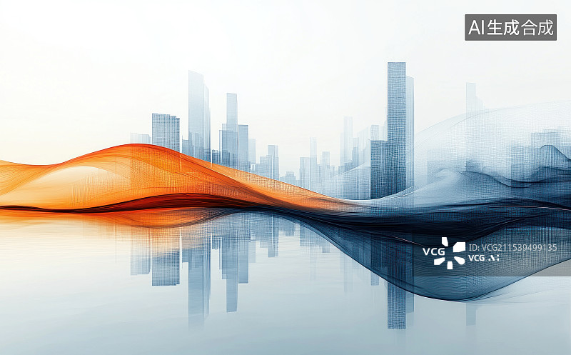 【AI数字艺术】多彩抽象城市主题海报，城市天际线与飘逸的丝带图片素材