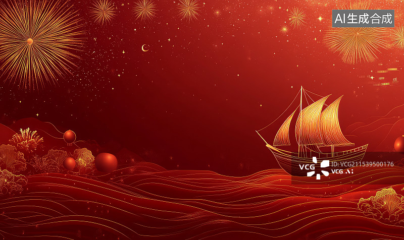 【AI数字艺术】金色帆船红色商务科技风格背景图片素材