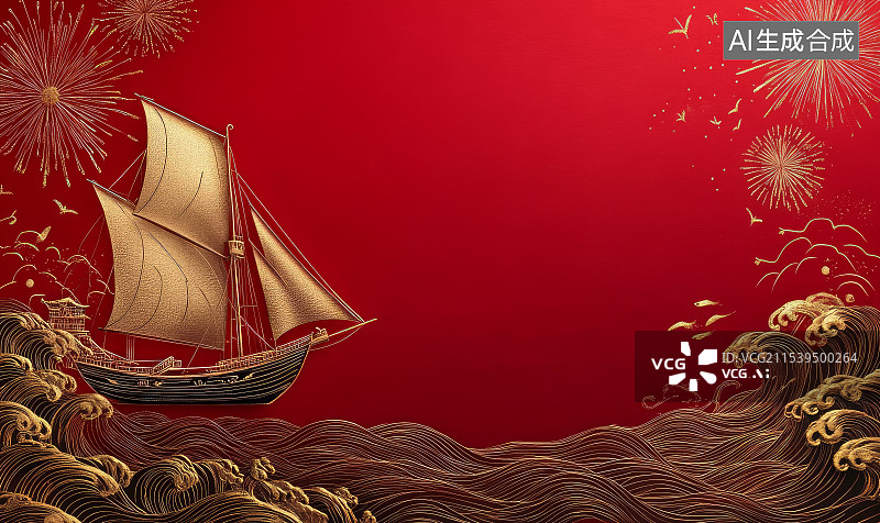 【AI数字艺术】金色帆船红色商务科技风格背景图片素材